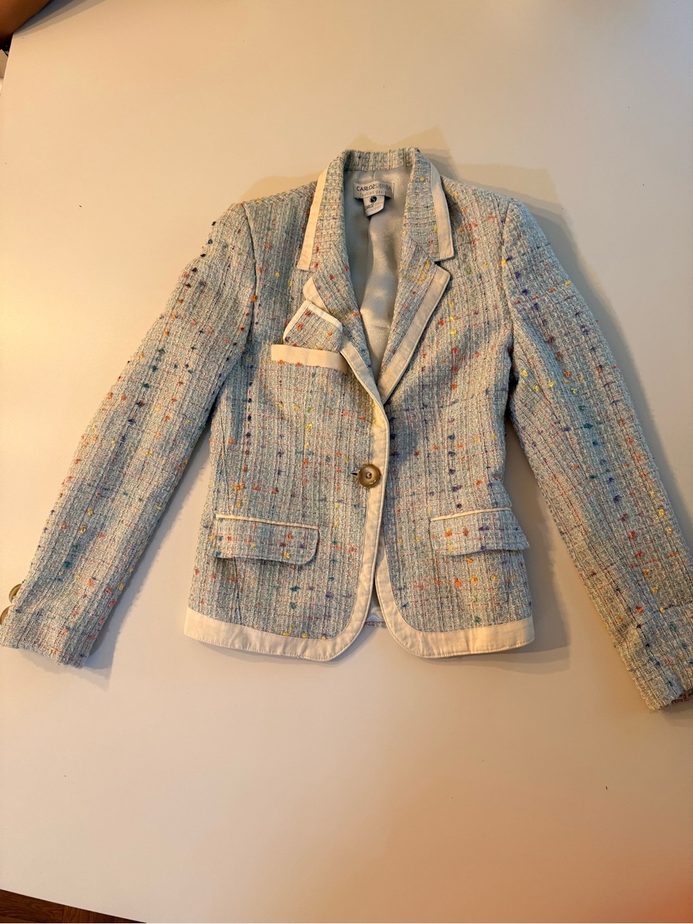 Light Blue Tweed Blazer with Cream Trim